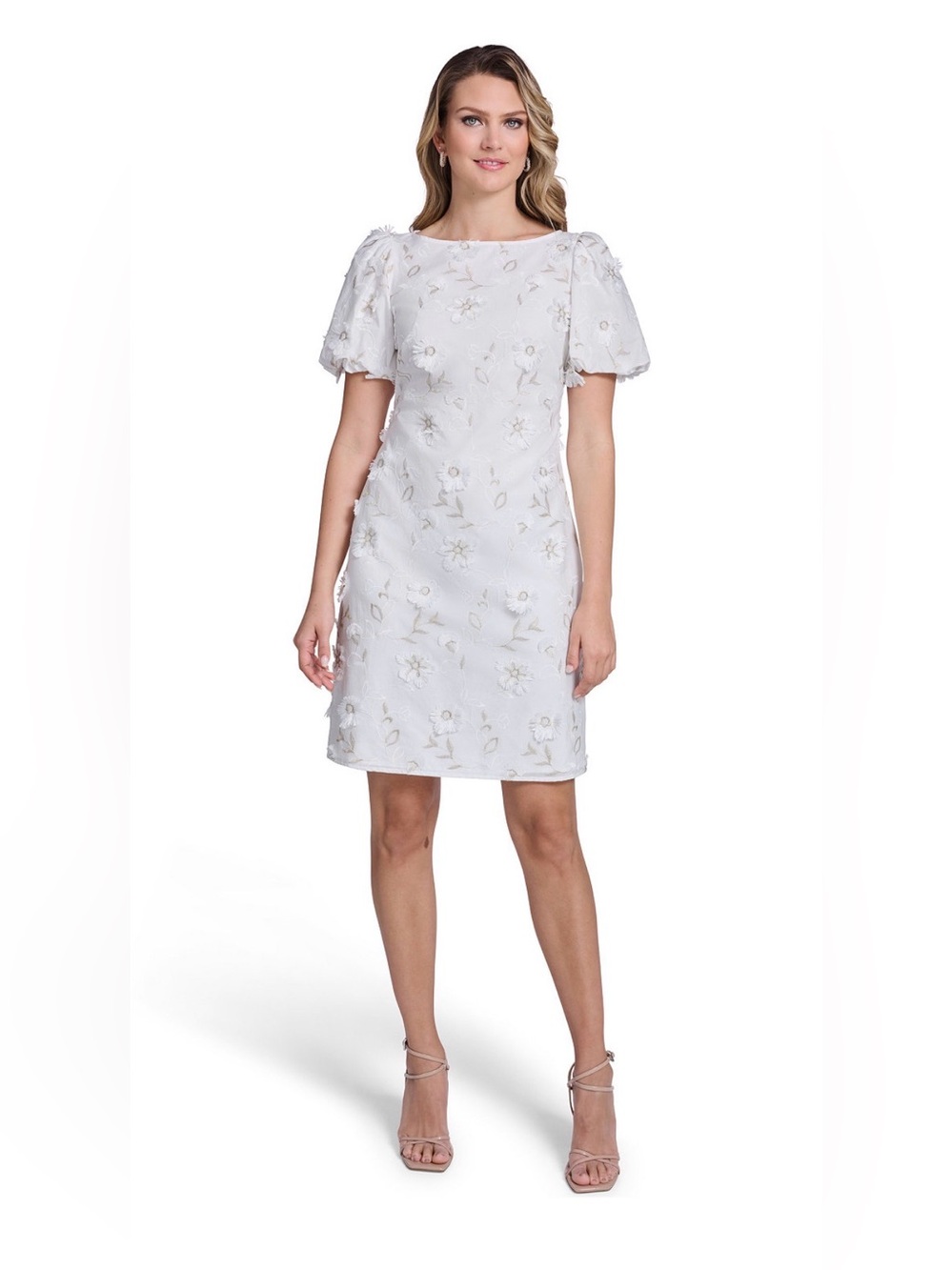 NWT Jessica Howard Puff Sleeve Boat Neck Floral Appliqué Sheath Dress Size 8P